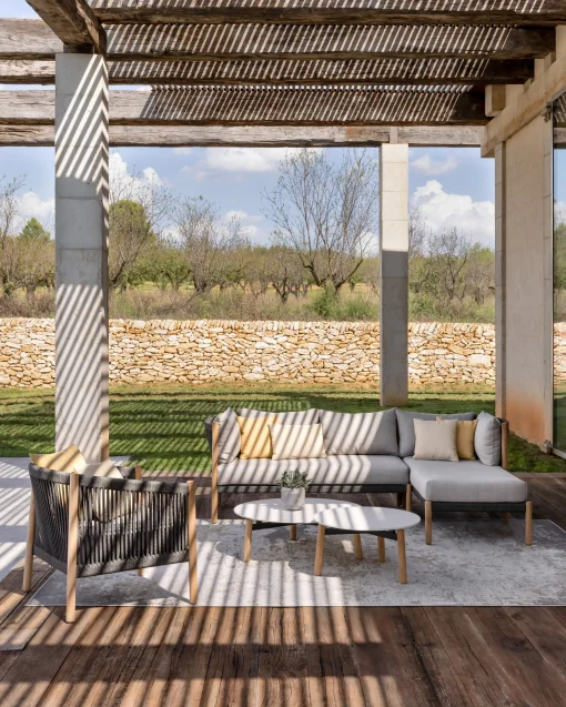 Vincent Sheppard Gartensofa 2-Sitzer Lento Modular Corner Right Textil Grau Holz Natur / L 166 Cm - Handgeflochtenes Polypropylenseil - Dunkelgrau - Gris Stone - Teak/ Natur Clearance