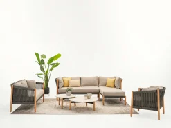Vincent Sheppard Gartensofa 2-Sitzer Lento Modular Corner Right Textil Grau Holz Natur / L 166 Cm - Handgeflochtenes Polypropylenseil - Dunkelgrau - Gris Stone - Teak/ Natur Clearance