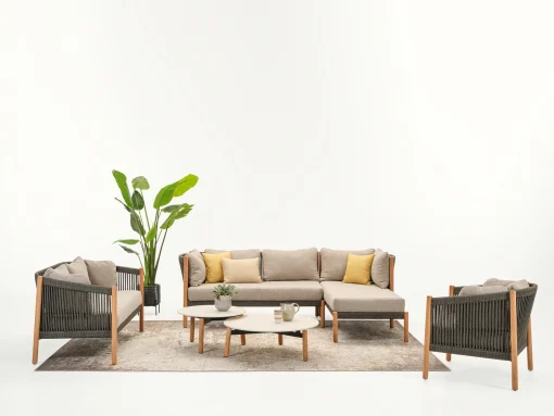 Vincent Sheppard Gartensofa 2-Sitzer Lento Modular Corner Right Textil Grau Holz Natur / L 166 Cm - Handgeflochtenes Polypropylenseil - Dunkelgrau - Gris Stone - Teak/ Natur Clearance