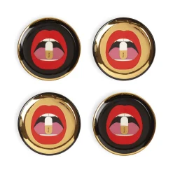 Jonathan Adler Glasuntersetzer Full Dose Keramik Schwarz Gold / 4 - Er-Set Porzellan - Gold - Schwarz Fashion