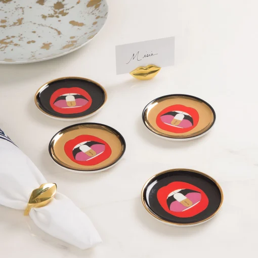 Jonathan Adler Glasuntersetzer Full Dose Keramik Schwarz Gold / 4 - Er-Set Porzellan - Gold - Schwarz Fashion