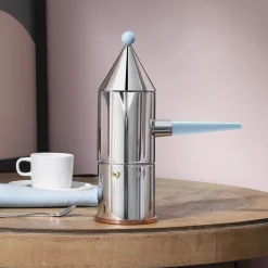 Alessi Italienischer Kaffeebereiter La Conica, Poignee Longue (1984) Metall / 3 Tassen - Ausser Induktion / 100 Values Collection - Blassblau - Stahl Cheap