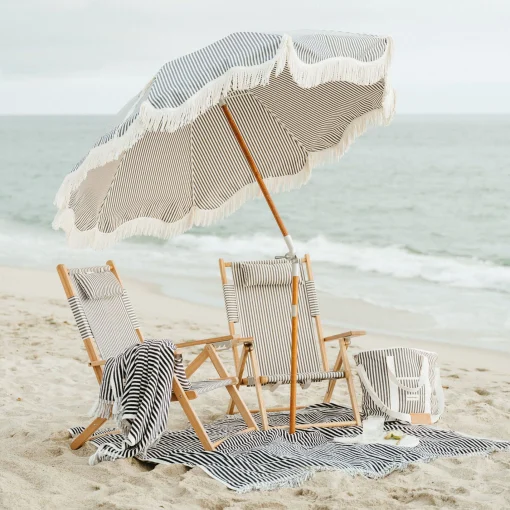BUSINESS & PLEASURE Sonnenschirm The Premium Beach Textil Holz Blau / O 180 Cm - Schragstellbar - Holz Natur - Marineblau - Weis Best
