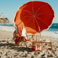BUSINESS & PLEASURE Sonnenschirm The Premium Beach Textil Holz Orange / O 180 Cm - Schragstellbar - Holz Natur - Terracotta Hot