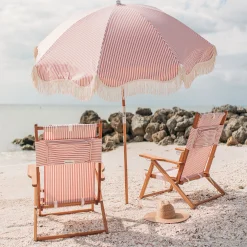 BUSINESS & PLEASURE Sonnenschirm The Premium Beach Textil Holz Rosa / O 180 Cm - Schragstellbar - Holz Natur - Rosa - Weis New