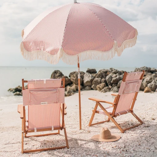 BUSINESS & PLEASURE Sonnenschirm The Premium Beach Textil Holz Rosa / O 180 Cm - Schragstellbar - Holz Natur - Rosa - Weis New