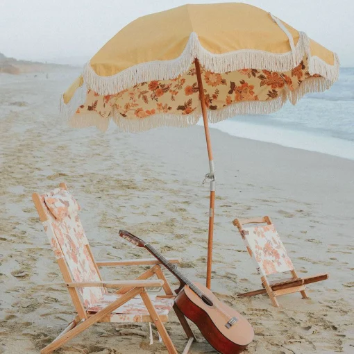 BUSINESS & PLEASURE Sonnenschirm The Premium Beach Textil Holz Gelb / O 180 Cm - Schragstellbar - Gelb - Holz Natur Online