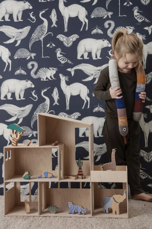 Ferm Living Tapete Animals Papierfaser Blau / 1 Rolle - Breite 53 Cm - Dunkelblau - Weis Clearance
