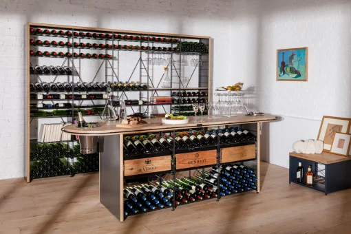 L'Atelier du Vin Weinregal  Metall Schwarz Holz Natur / Weinprobe-Theke L 281 X B 80 Cm X H 93 Cm / 300 Flaschen - Eiche Natur - Schwarz - Stahl Fashion